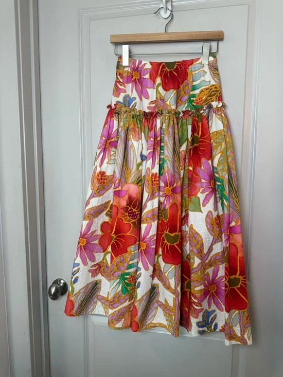 Mara Hoffman Bettina Floral Organic Cotton DropWaist Ruffle Maxi Luxury Skirt,XS - Picture 13 of 15